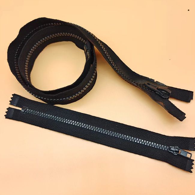 #5 Plastic Fire Retardant Open End Zipper for the front of the garment    <br> #3 Plastic Fire Retardant Closed-End Zipper for pockets